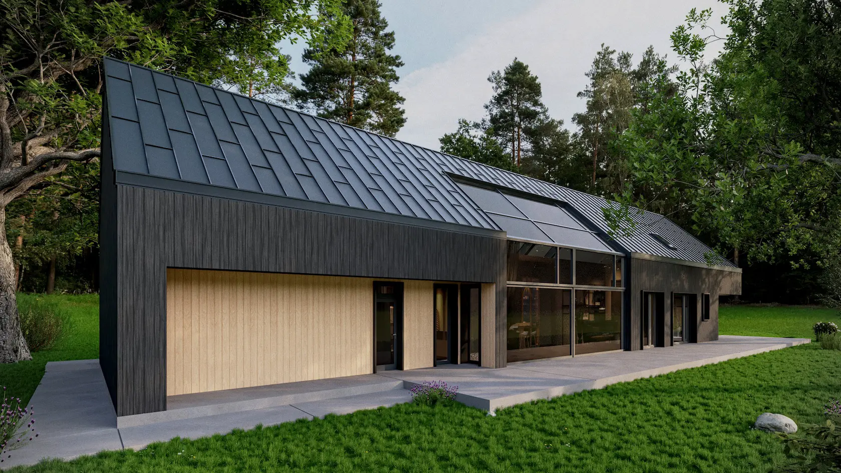 Parterowy dom typu stodoła z pionową drewnianą elewacją, czarnym metalowym dachem i dużymi przeszkleniami